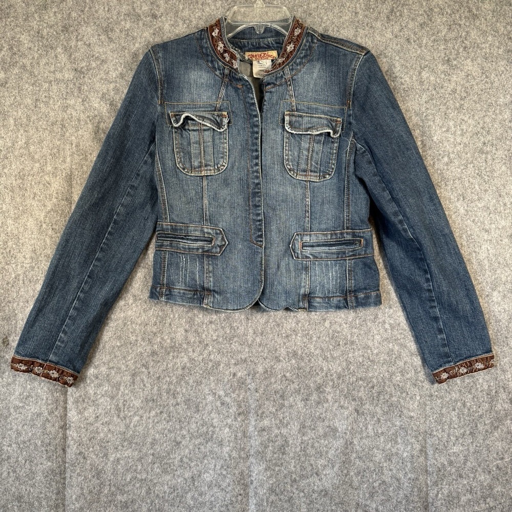 VTG 90s Y2K Paris Blues Denim Jacket Juniors Large Blue Embroidered Boho Hippie